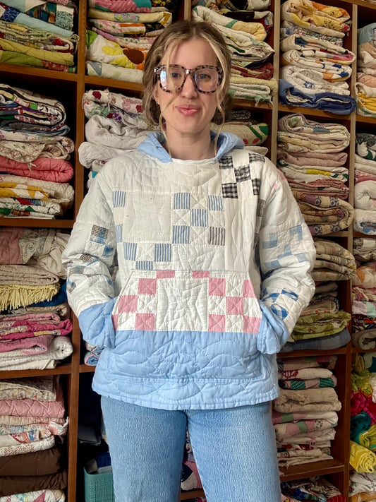 Blue Nine Patch Quilt Hoodie M/L