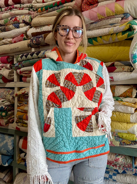 Orange + Turquoise Quilt Hoodie M/L